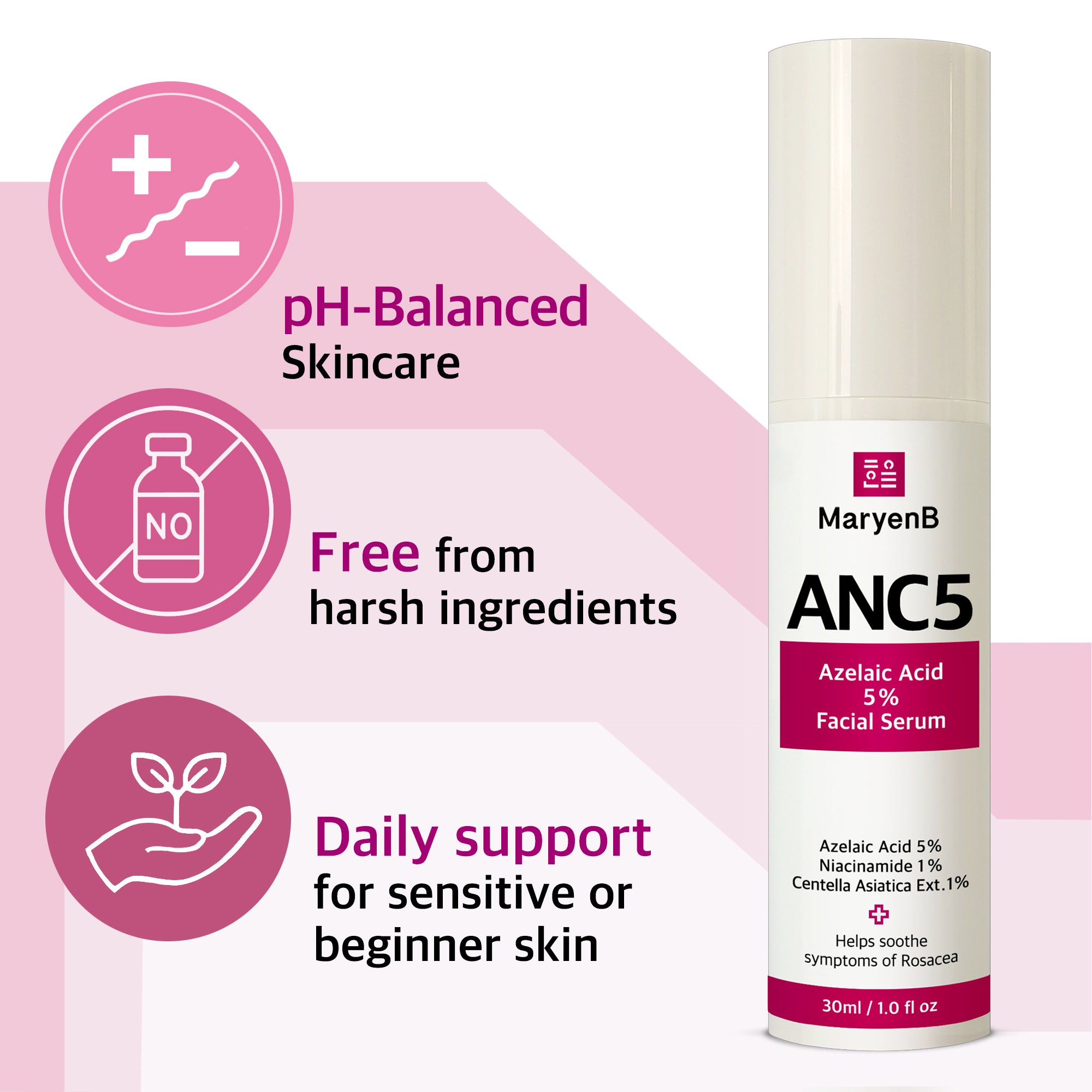 MaryenB ANC5 Azelaic Acid 5% Serum 1 Fl Oz - Gentle Redness Relief, Acne Care